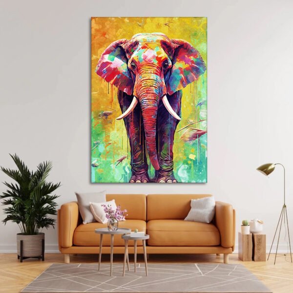 Colorful Elephant with Vanishing Blue and Flowless Green Color Canvas Painting