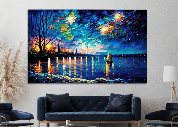 Blue Ambient Color Painting Sailboat Water With Night Sky