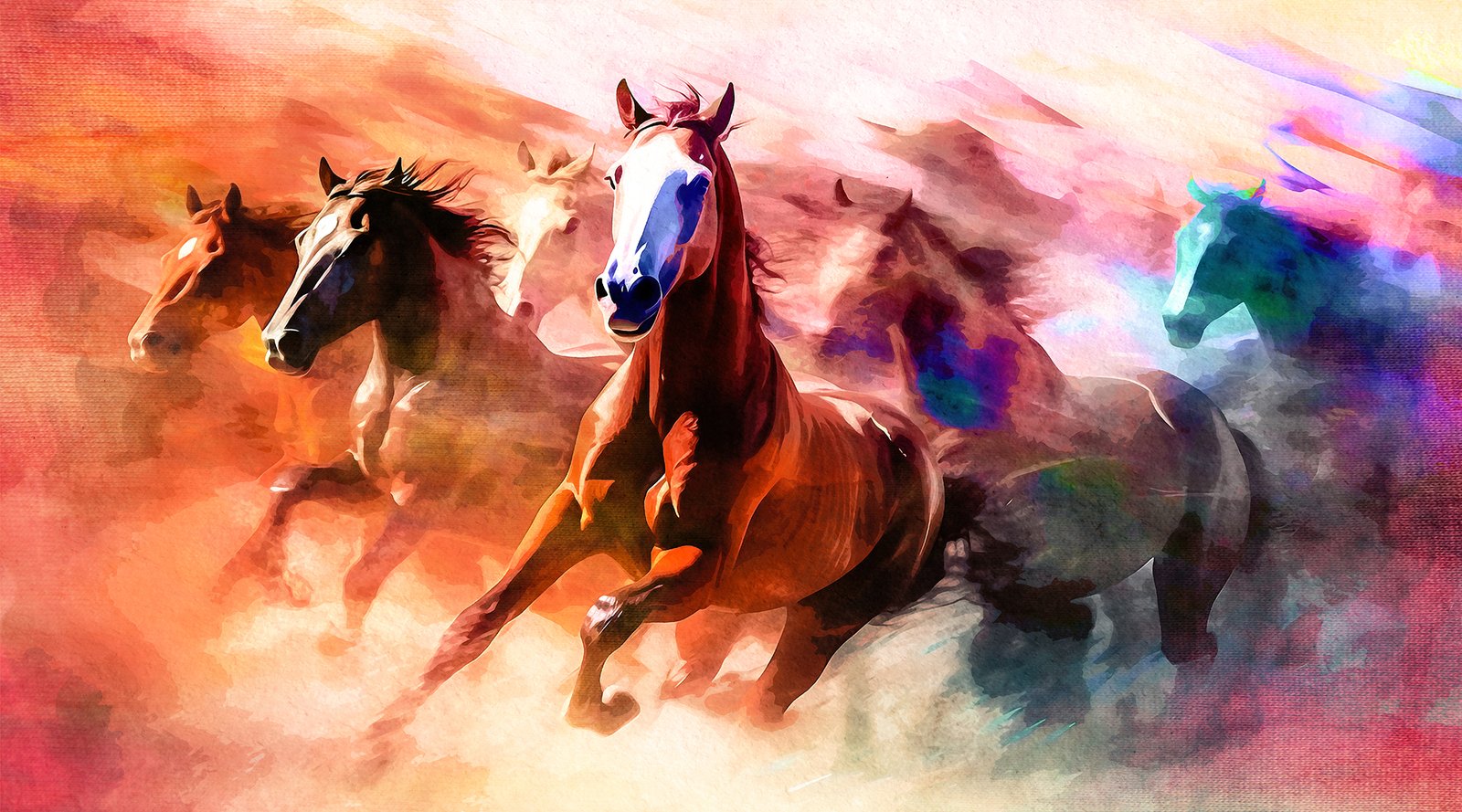 Colorful Group Horses Running Painting - Image 2