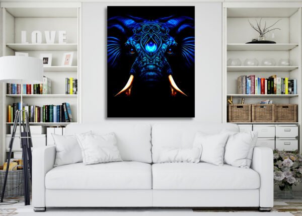 Dark Black with Ambient Phoenix Blue Color Gold Blush Elephant Portrait Painting